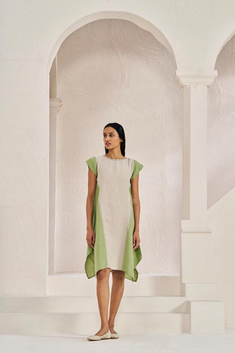 Cap Sleeve 2 Colour Dress Pastel Green - Chi Linen