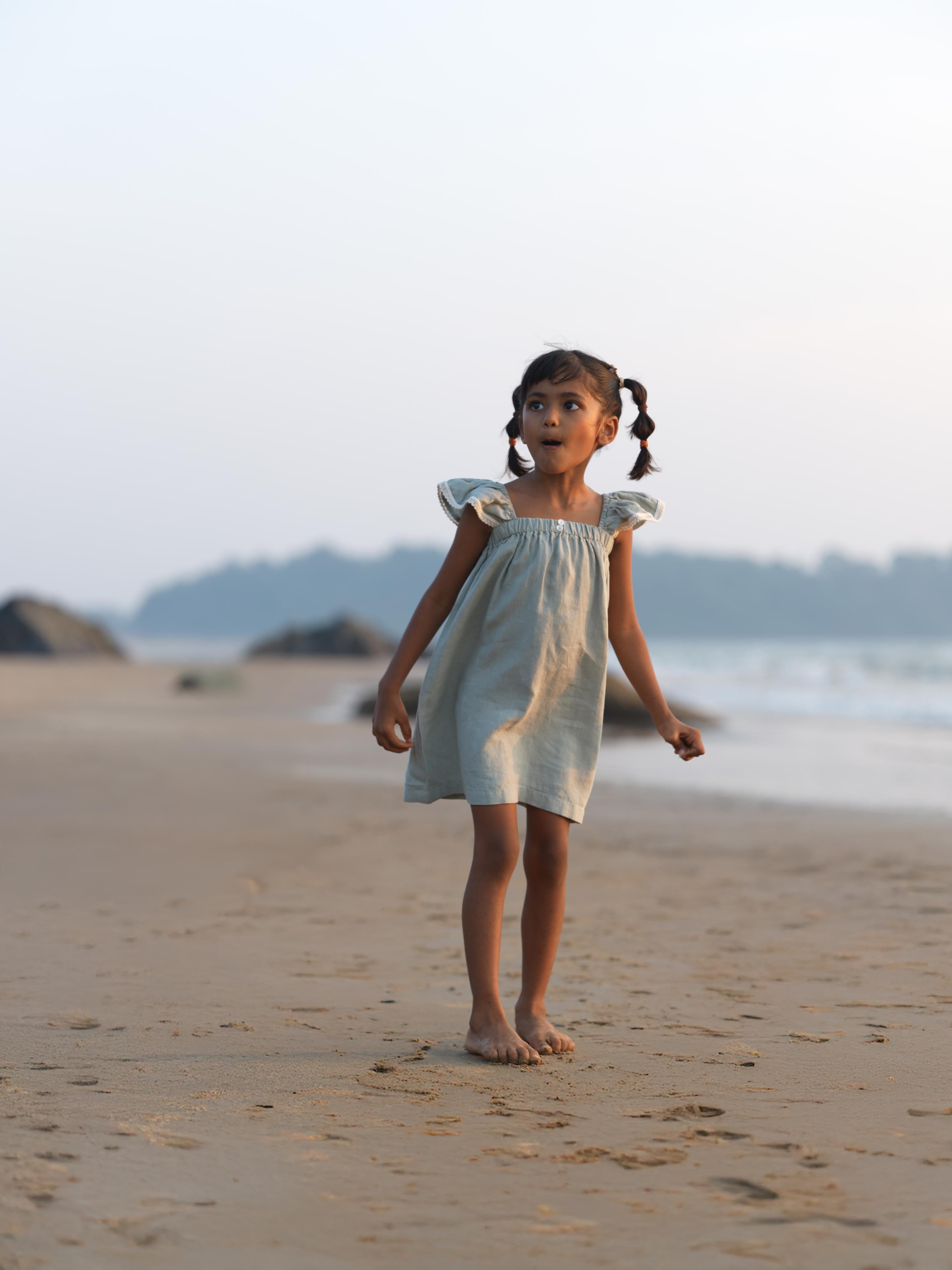 Girls Elasticated Flared Sleeve Dress Mint Green