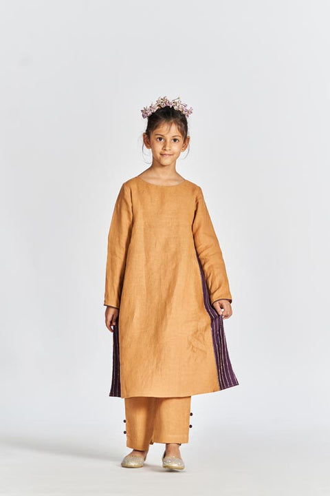 Sand Brown Beaded Kurta Set - Chi Linen