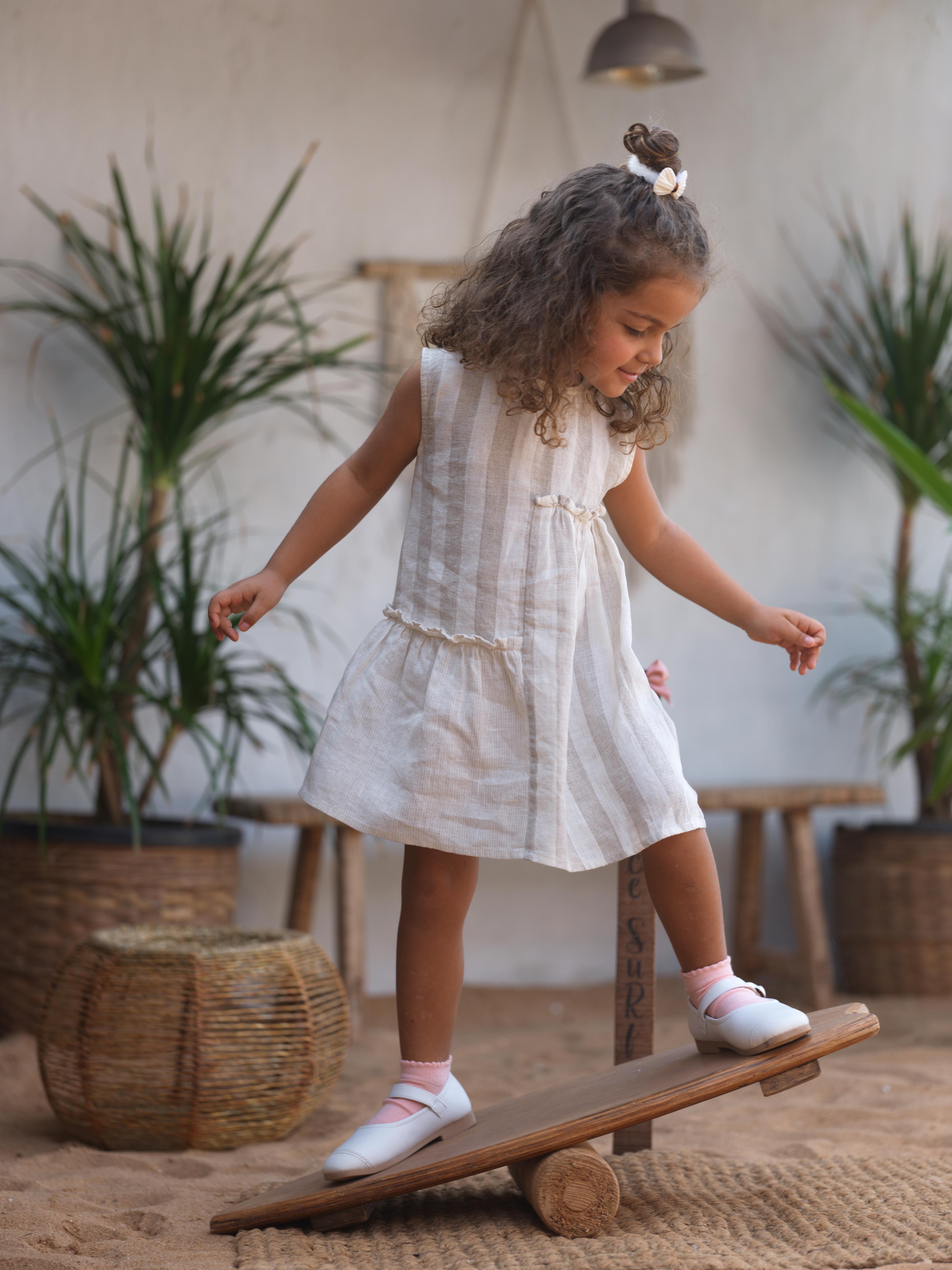 Girls Sleeveless Gathered Dress Beige Cabana Stripe / Beige Hairline Stripe