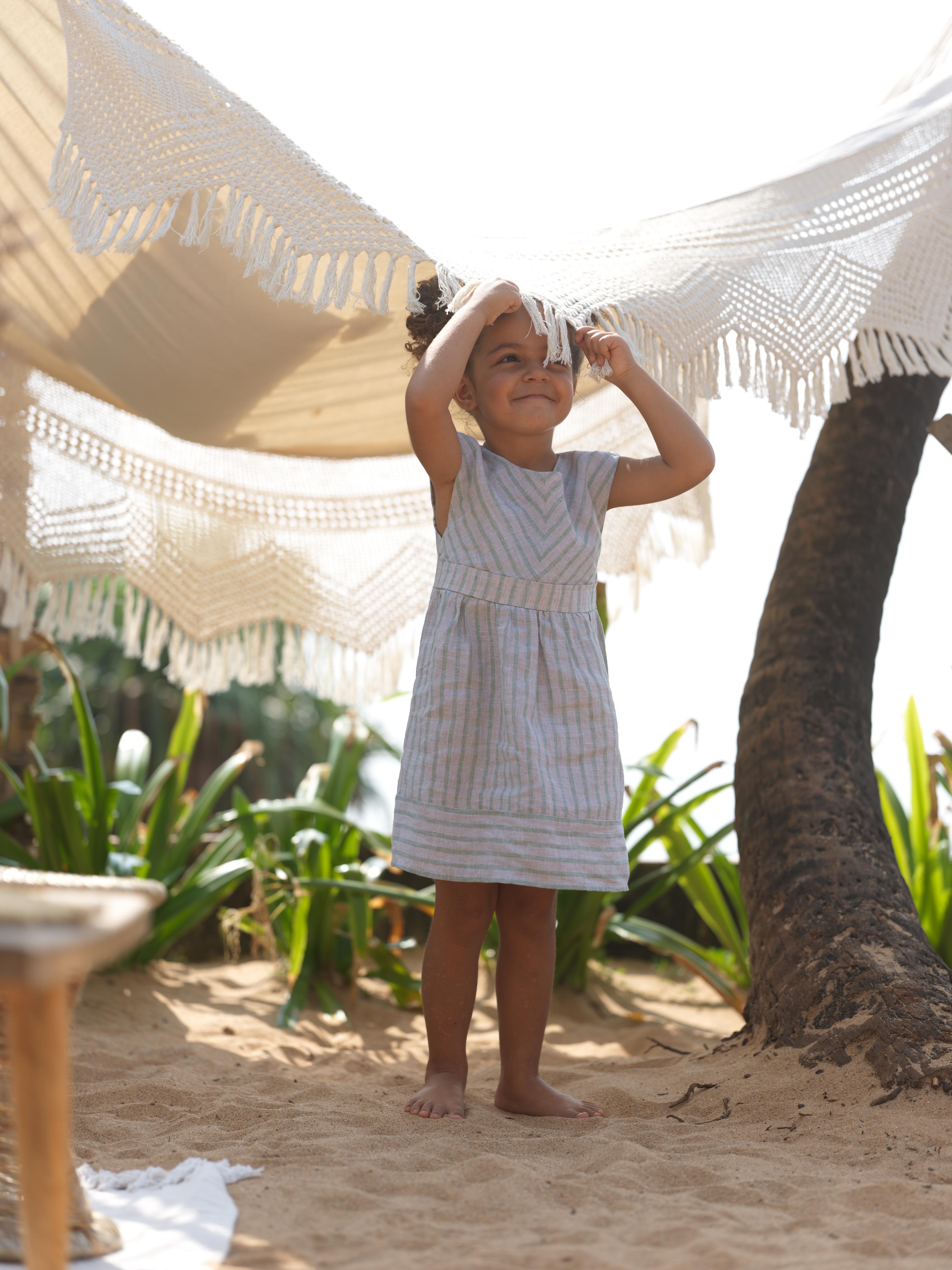 Girls Round Neck Back Opening Dress Sage Pencil Stripe