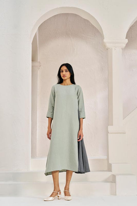 One Side Pleated Dress Mint Green - Chi Linen