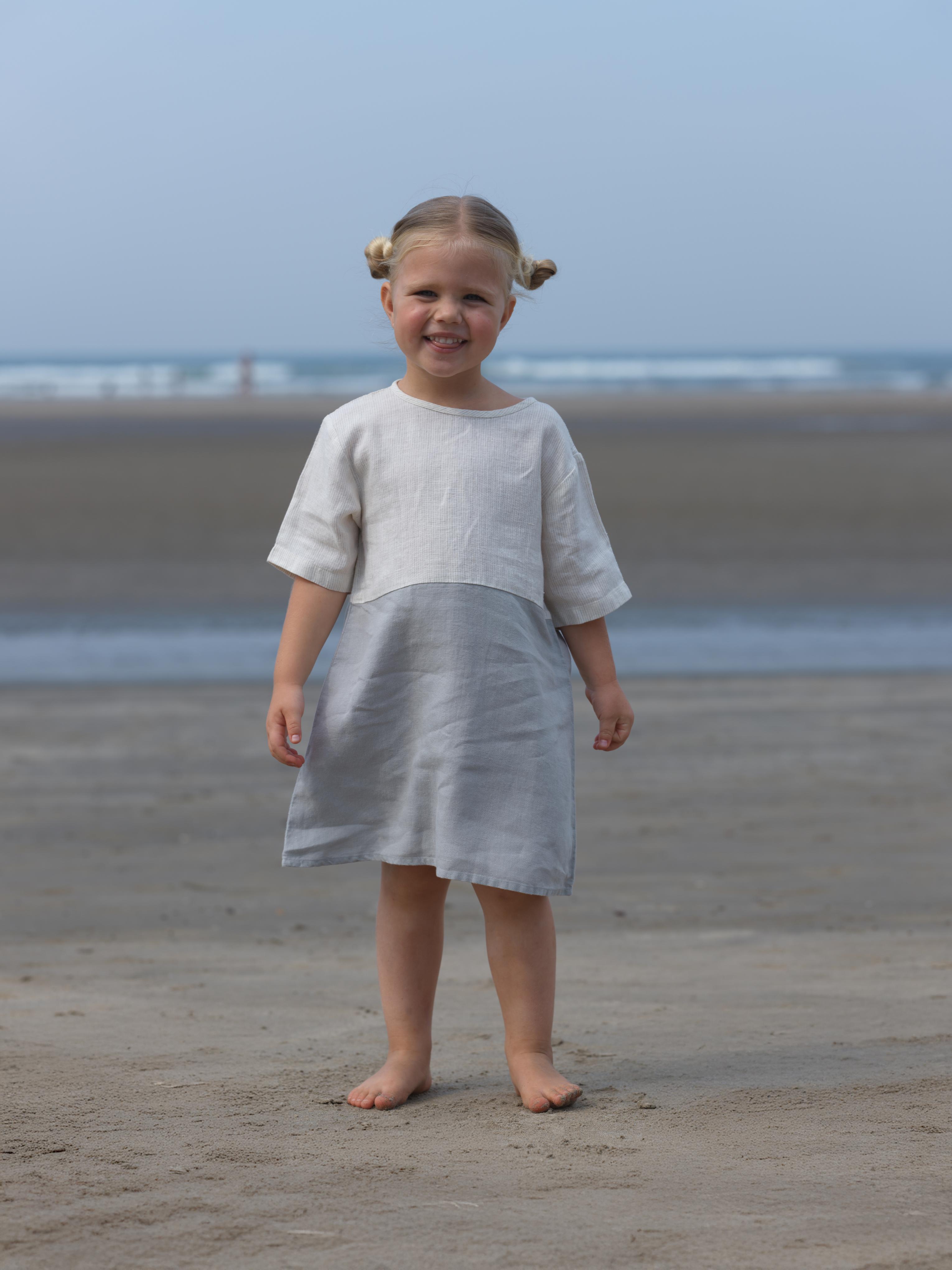Girls Two Colour Casual Dress Beige Hairline Stripe / Cloud Grey