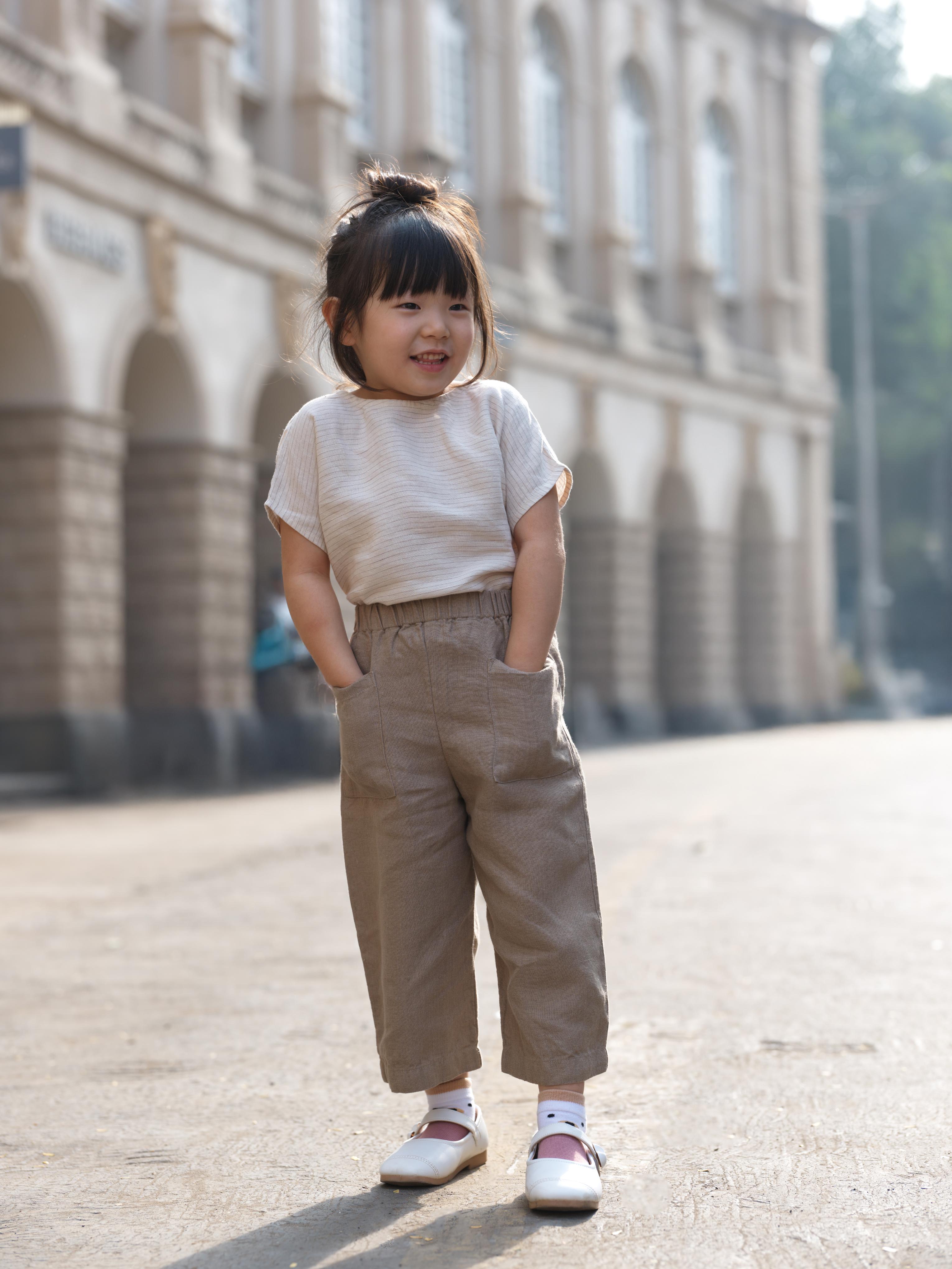 Girls Round Shoulder Top & Patch pocket Trousers Co-Ord set Beige Lines / Vintage Khaki