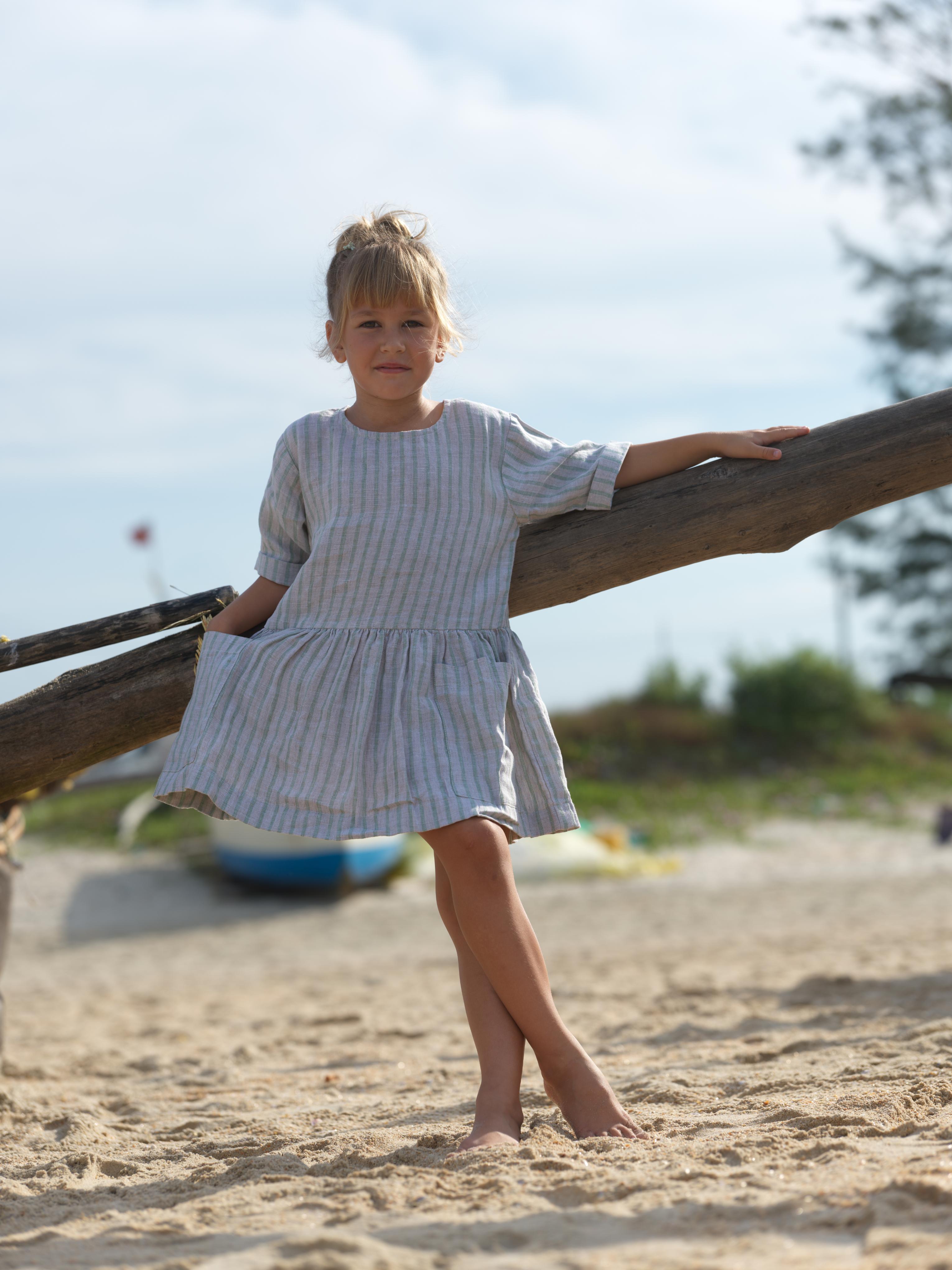 Girl Patch Pocket Drop Shoulder Dress Sage Pencil Stripe