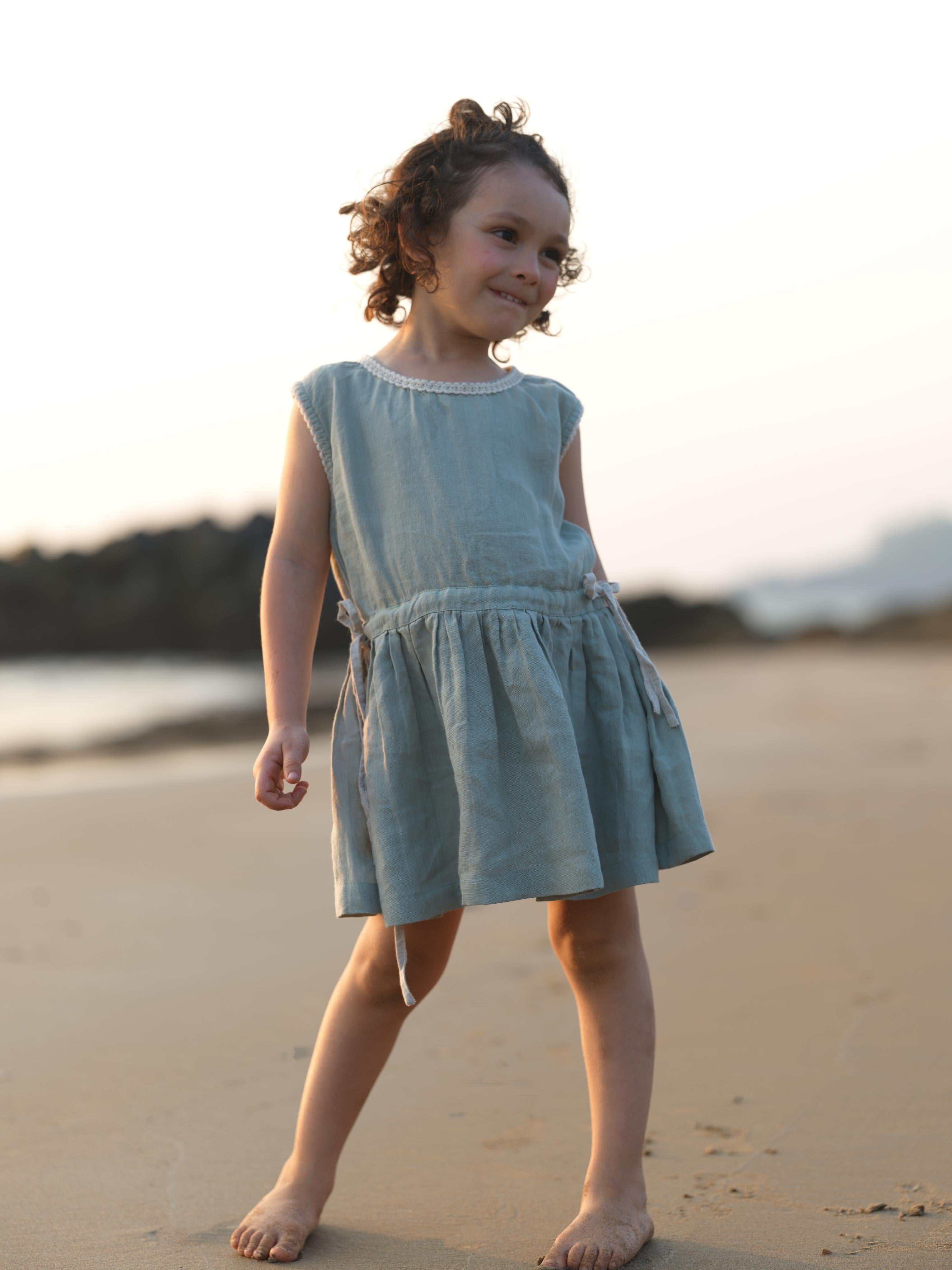 Girls Sleeveless Drawstring Dress Mint Green