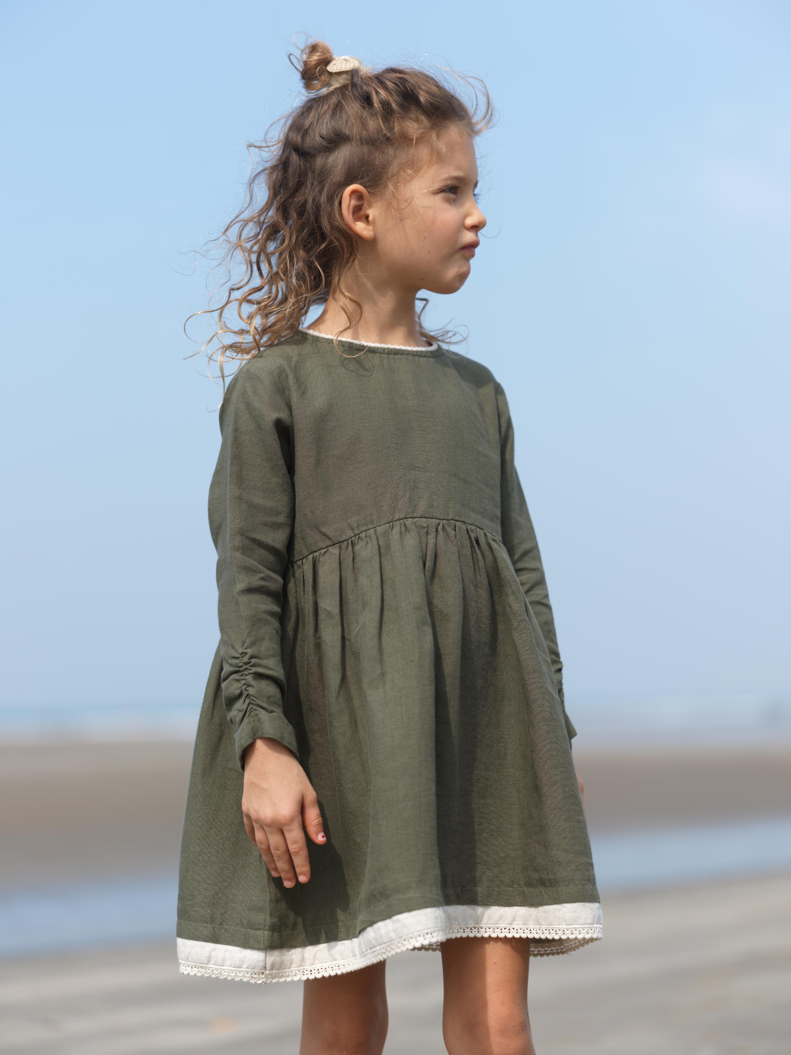 Girl Elastic Long Sleeve Dress Crocodile Green