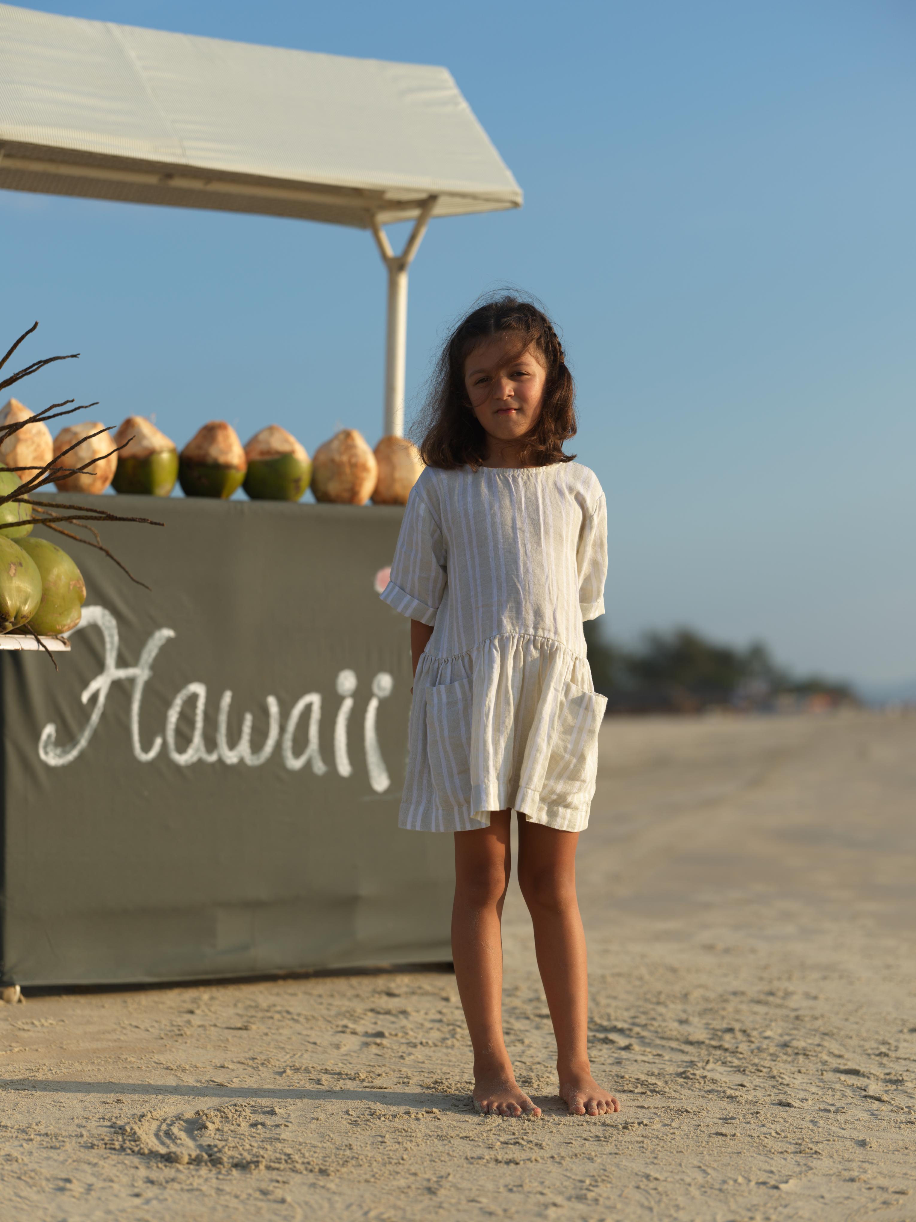 Girl Patch Pocket Drop Shoulder Dress Beige Double Stripe