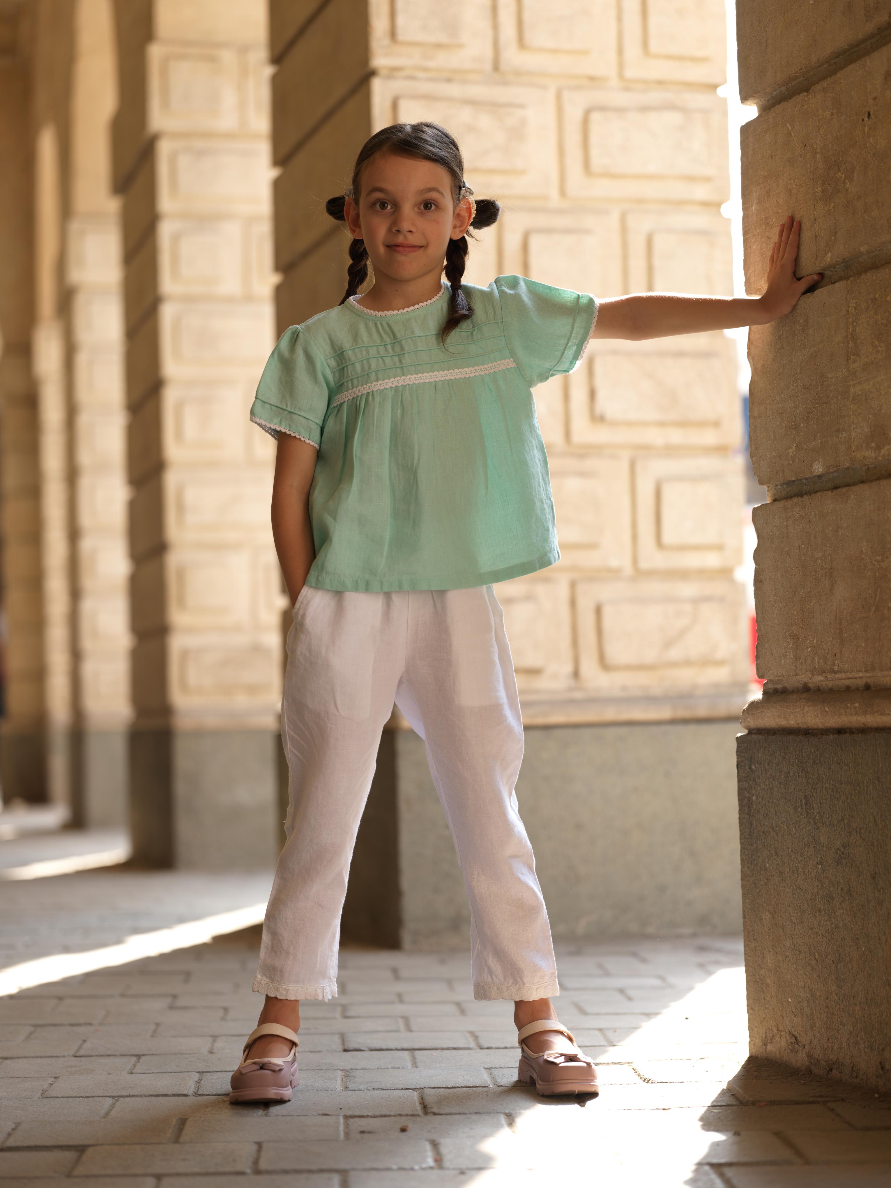 Girl Cord Piping Top & Trousers Co-ords set Celestial Green / White