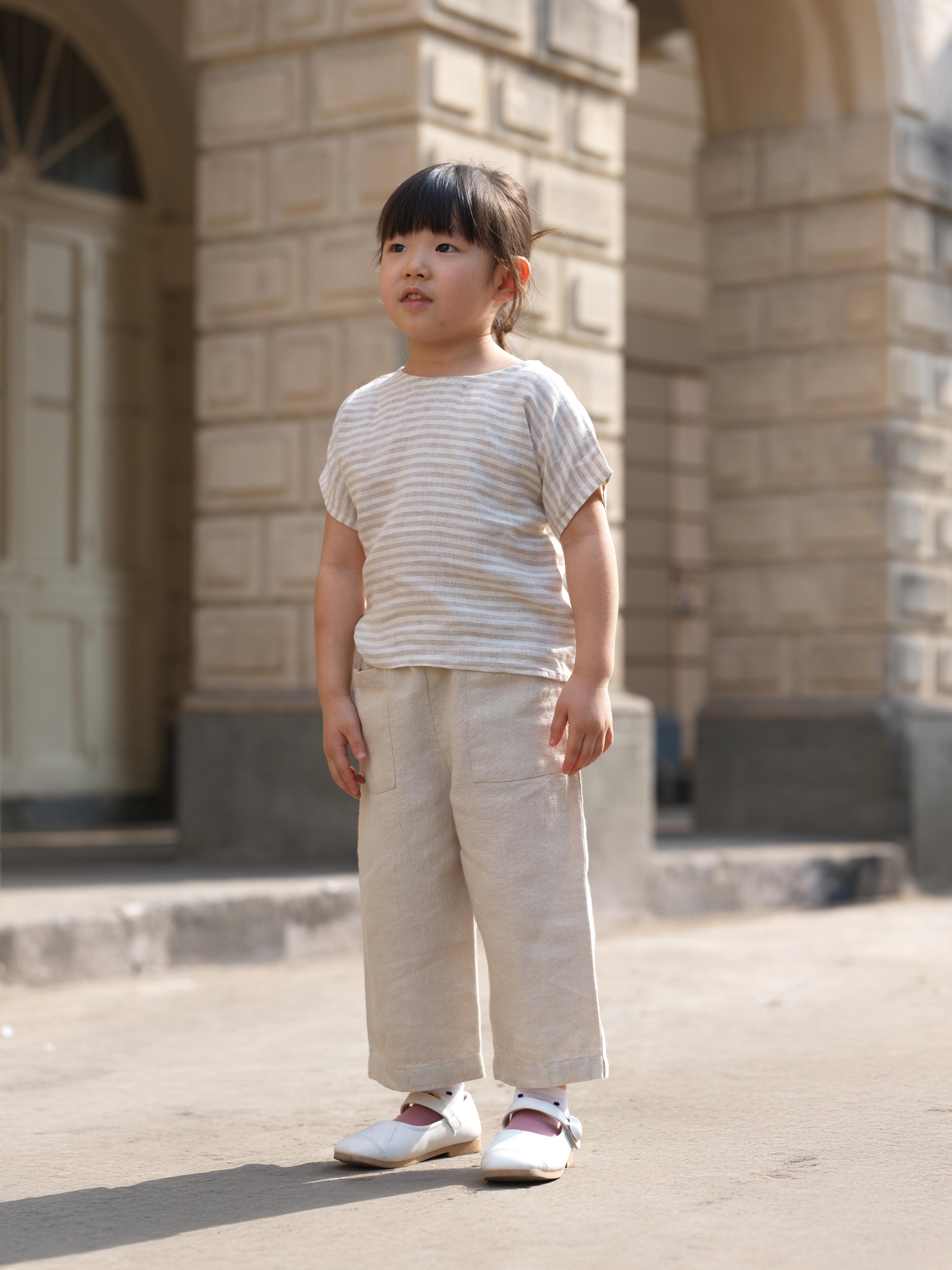 Girls Round Shoulder Top & Patch pocket Trousers Co-Ord set Beige Stripes / Oatmeal