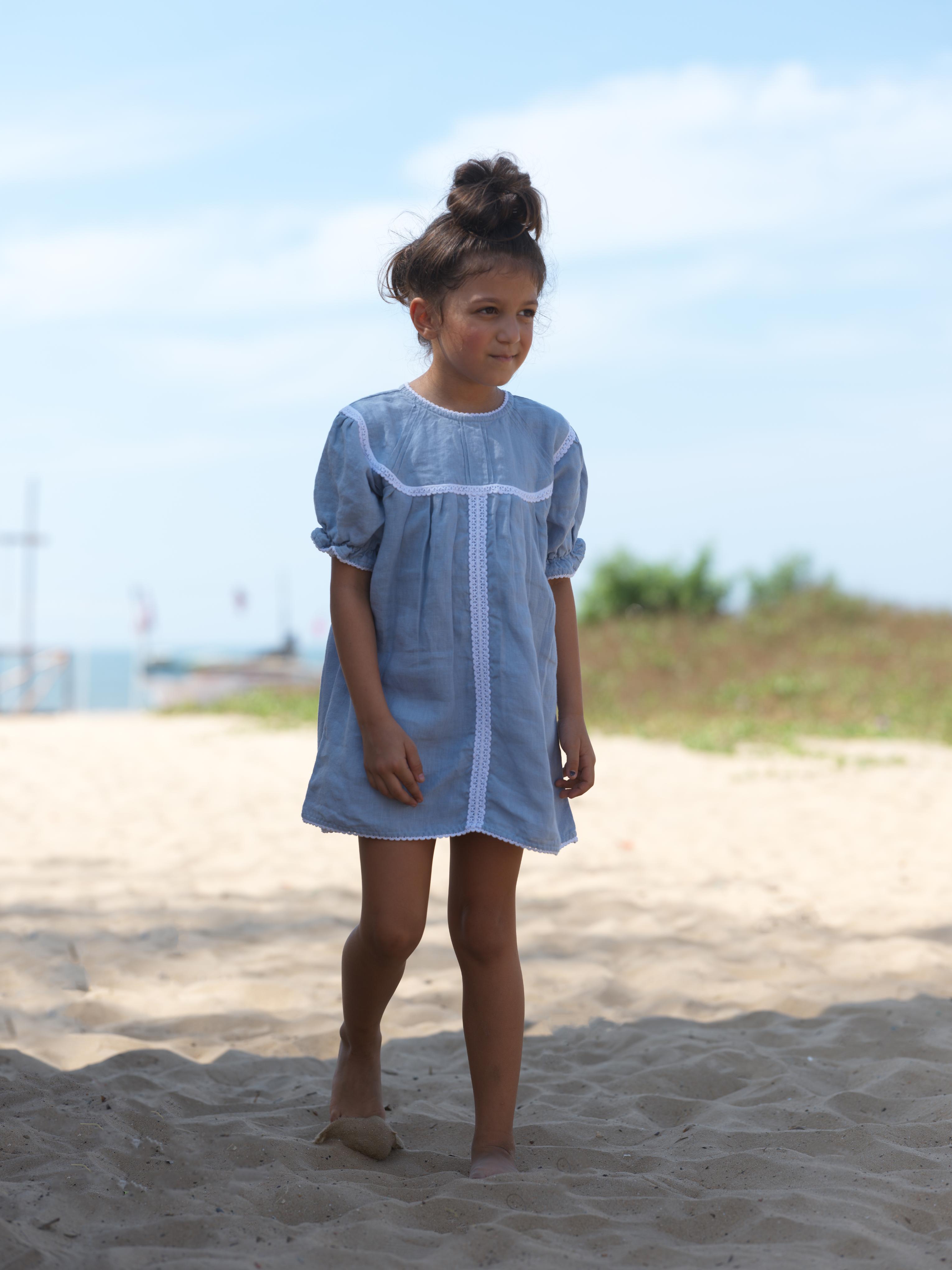 Girls Puff Sleeve Vintage Dress Pacific Blue