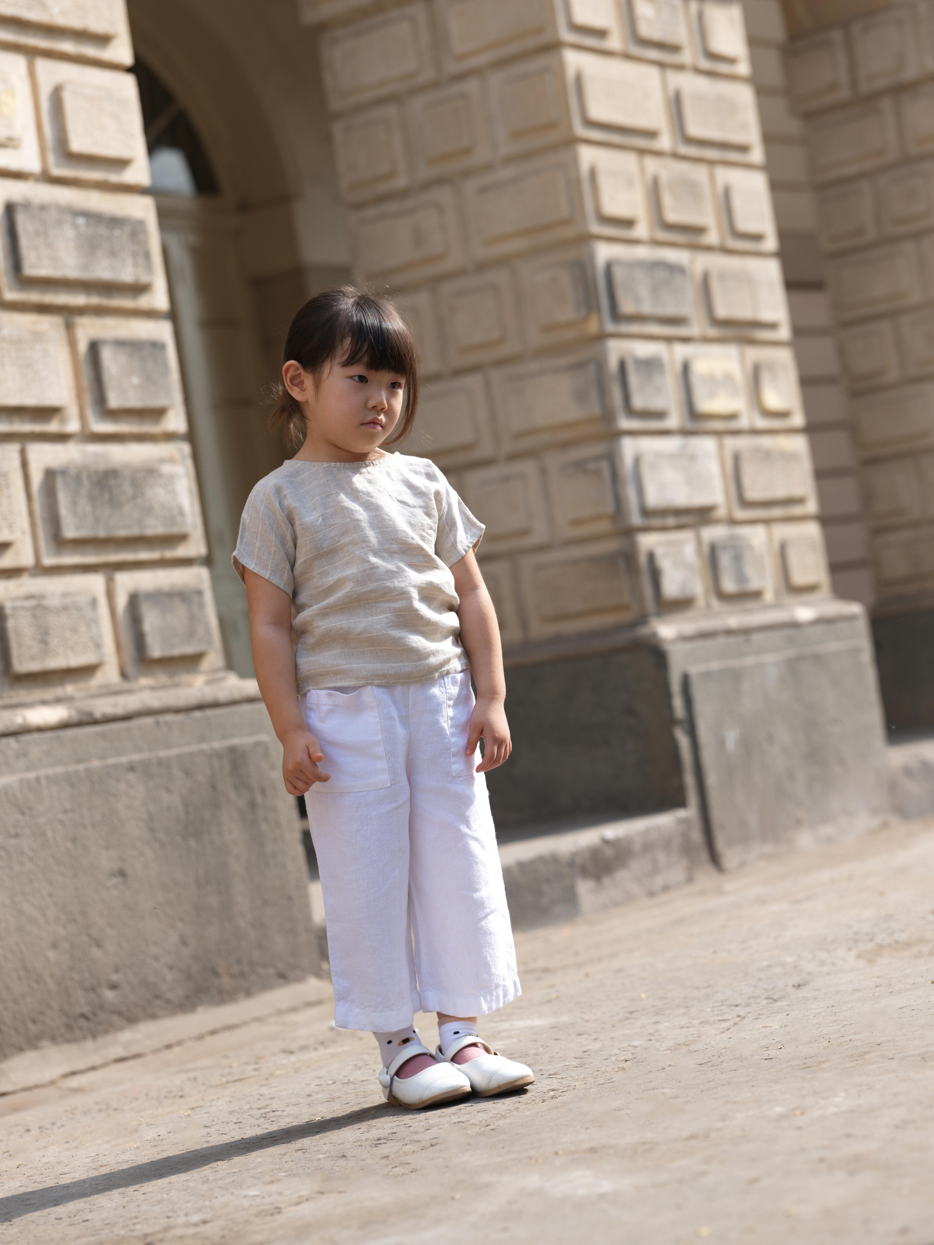 Girls Round Shoulder Top & Patch pocket Trousers Co-Ord set Lurex Stripe / White