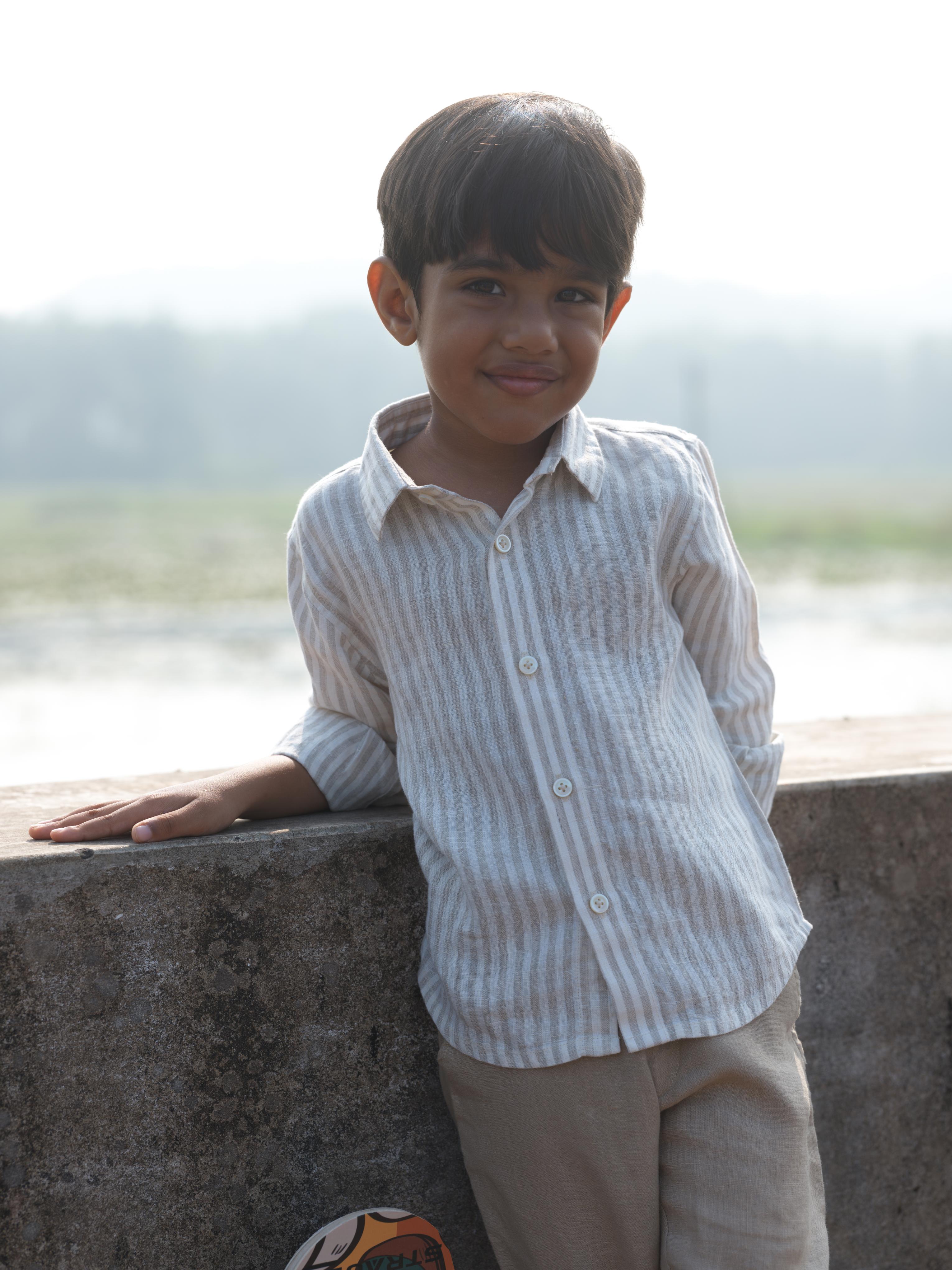 Boys Regular Collar Shirt Beige Stripe