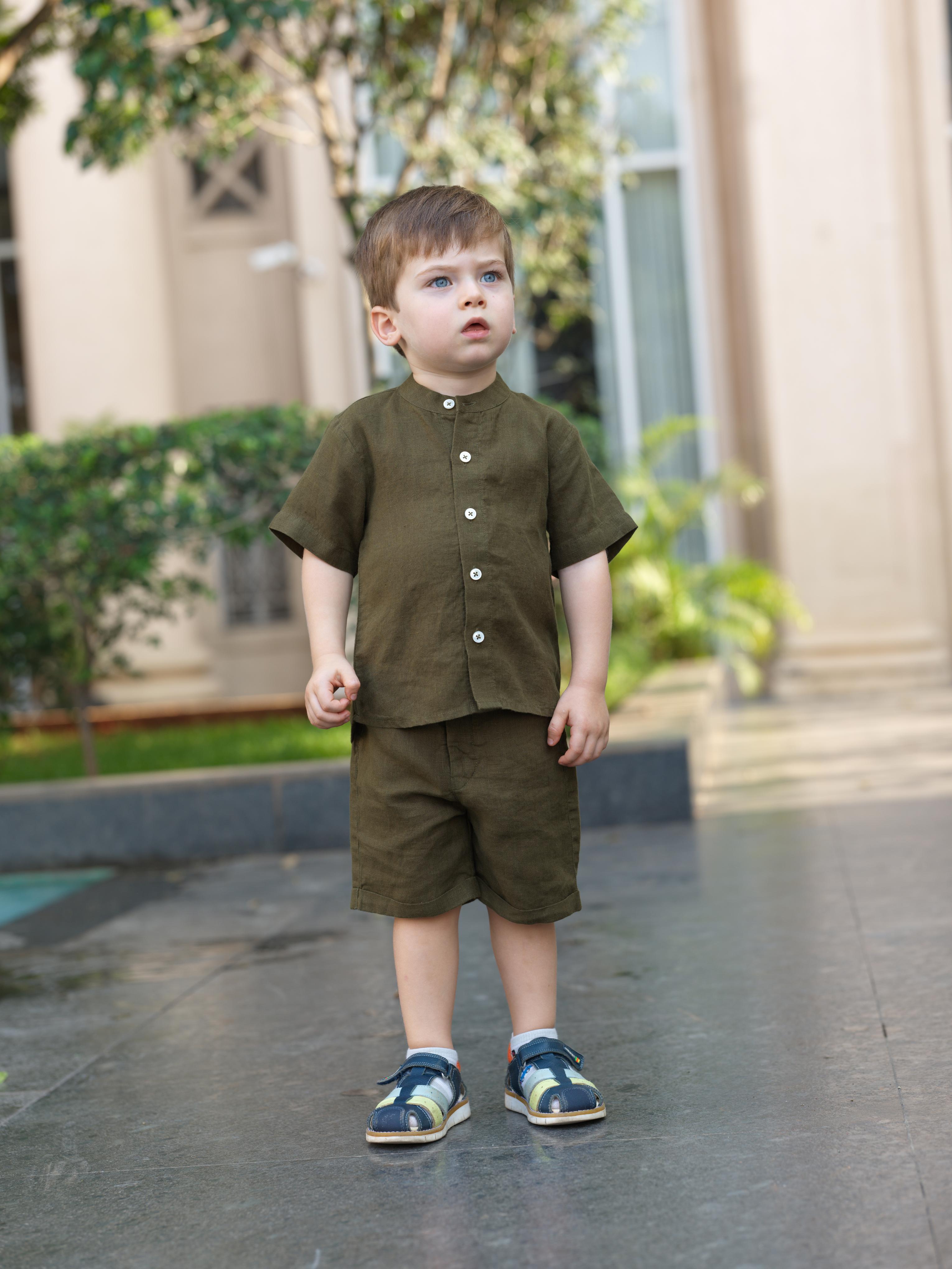 Boys Mandarin Collar Shirt & Shorts Co-Ord Army Green