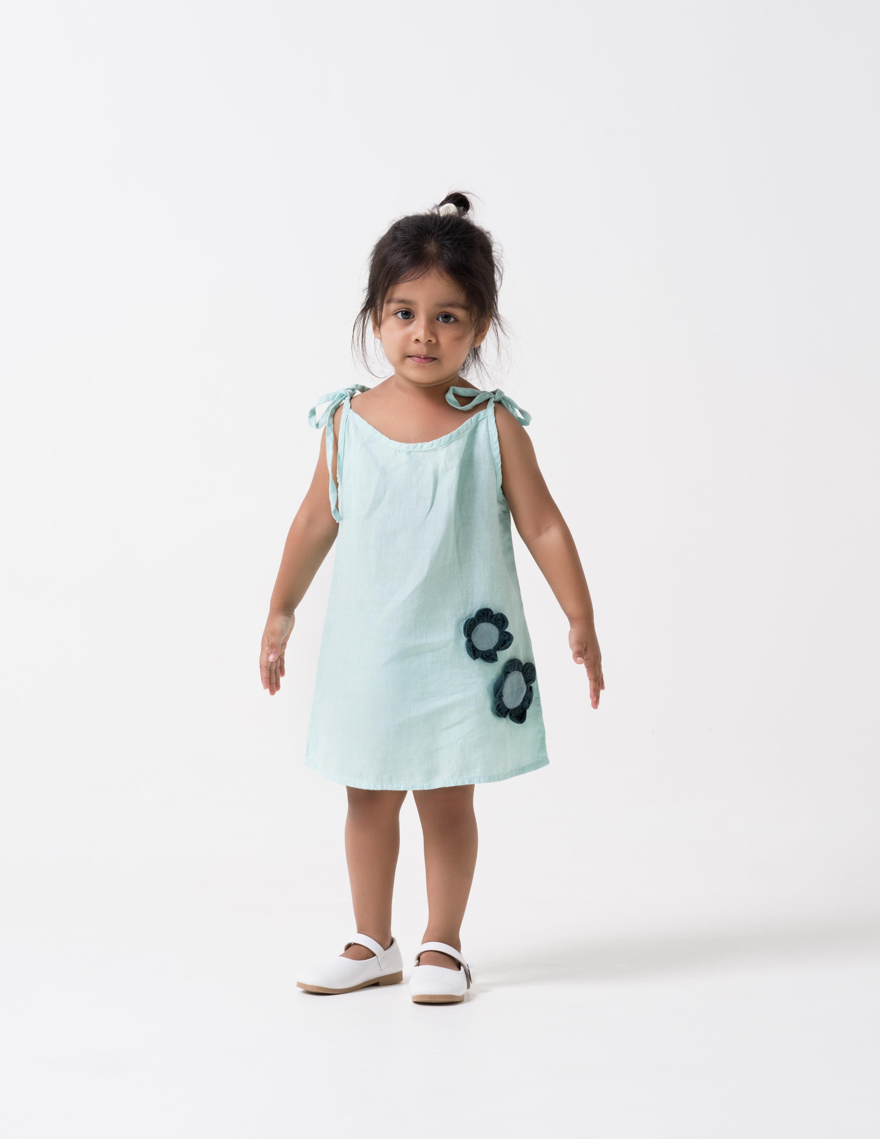 Celestial Green Tie-Up Shoulder Flower Frock