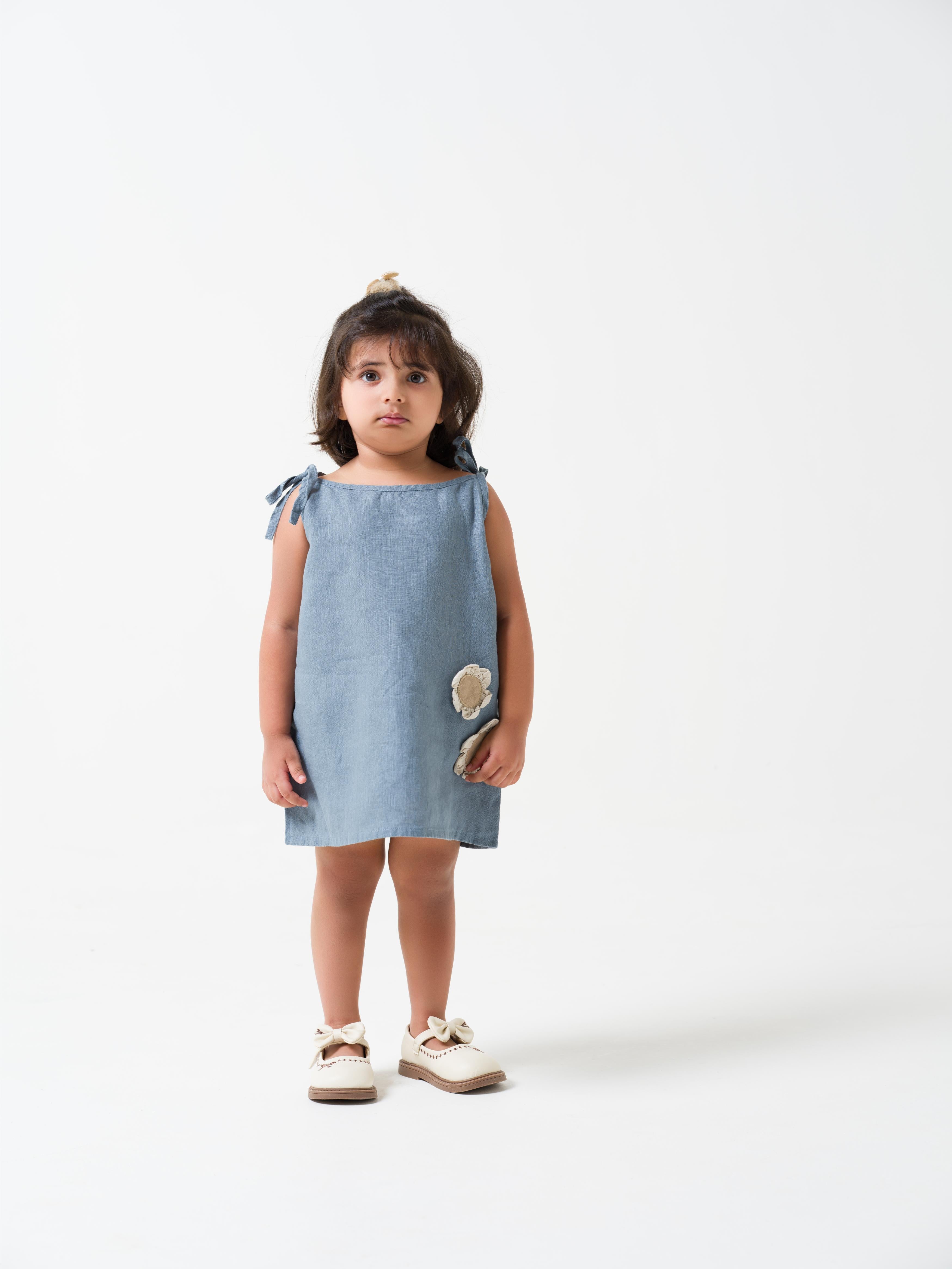 Air Force Blue Tie-Up Shoulder Flower Frock