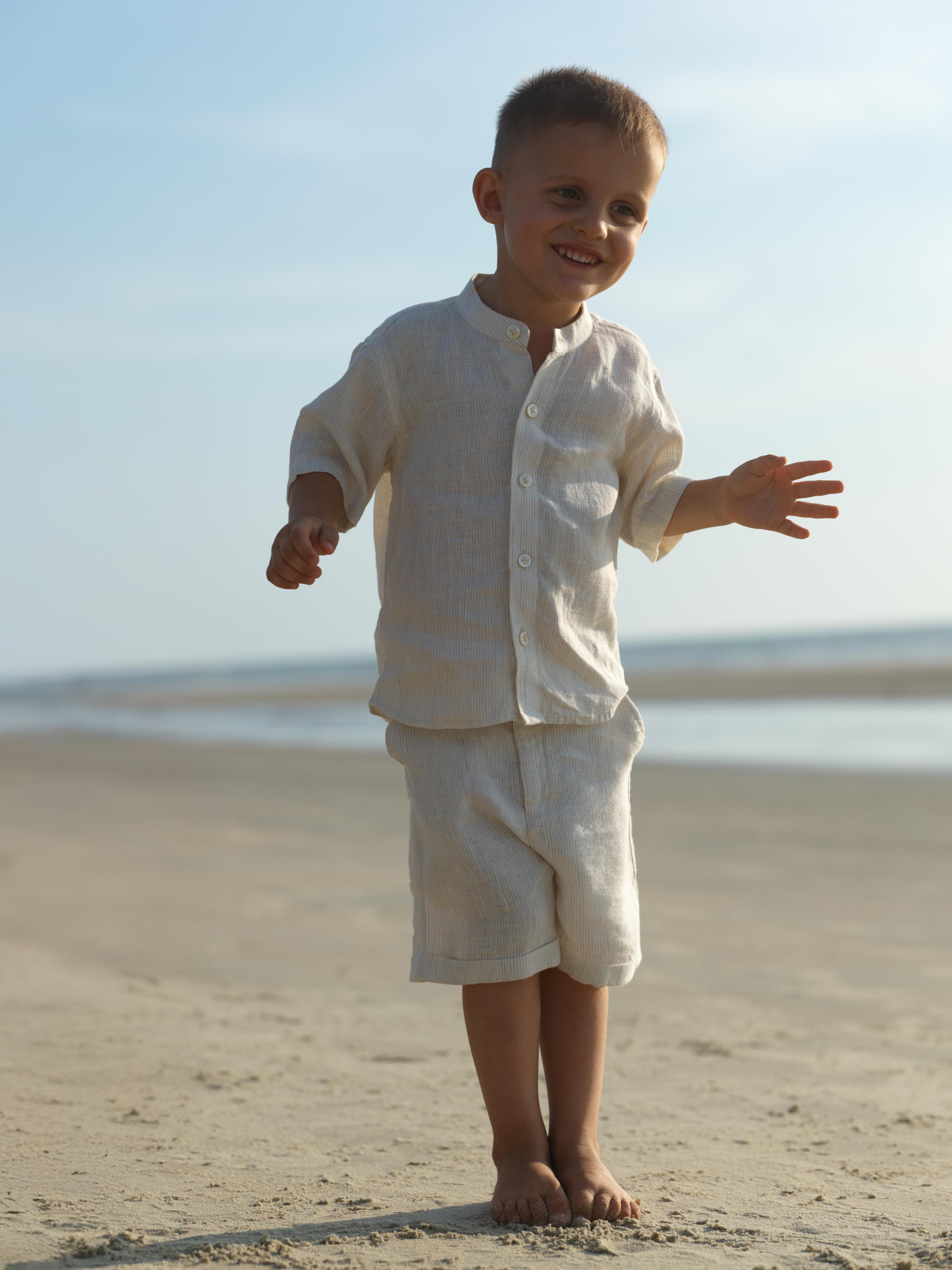 Boys Mandarin Collar Shirt & Shorts Co-Ord Beige
