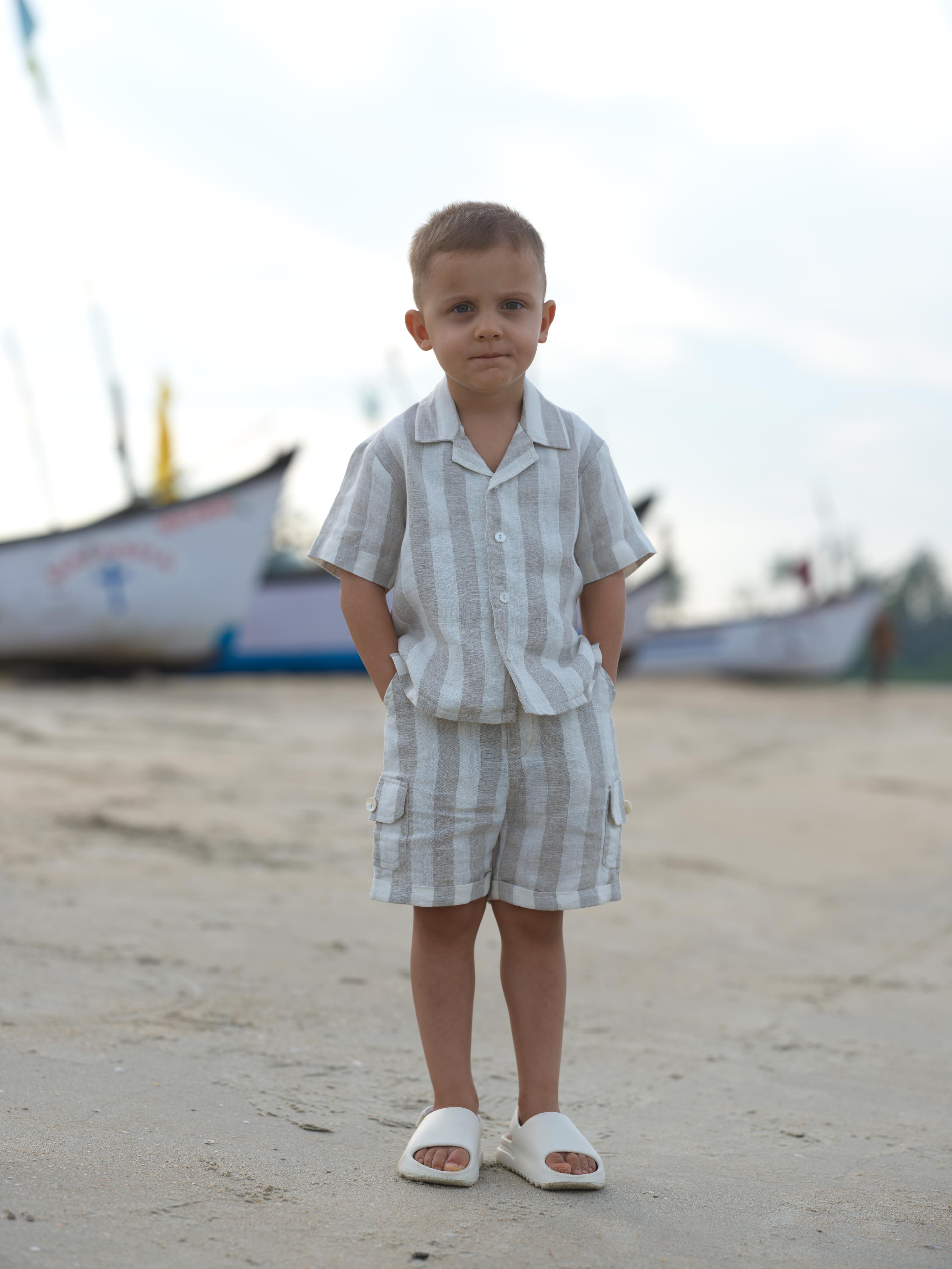 Boys Cuban Collar Shirt Co-Ord Beige