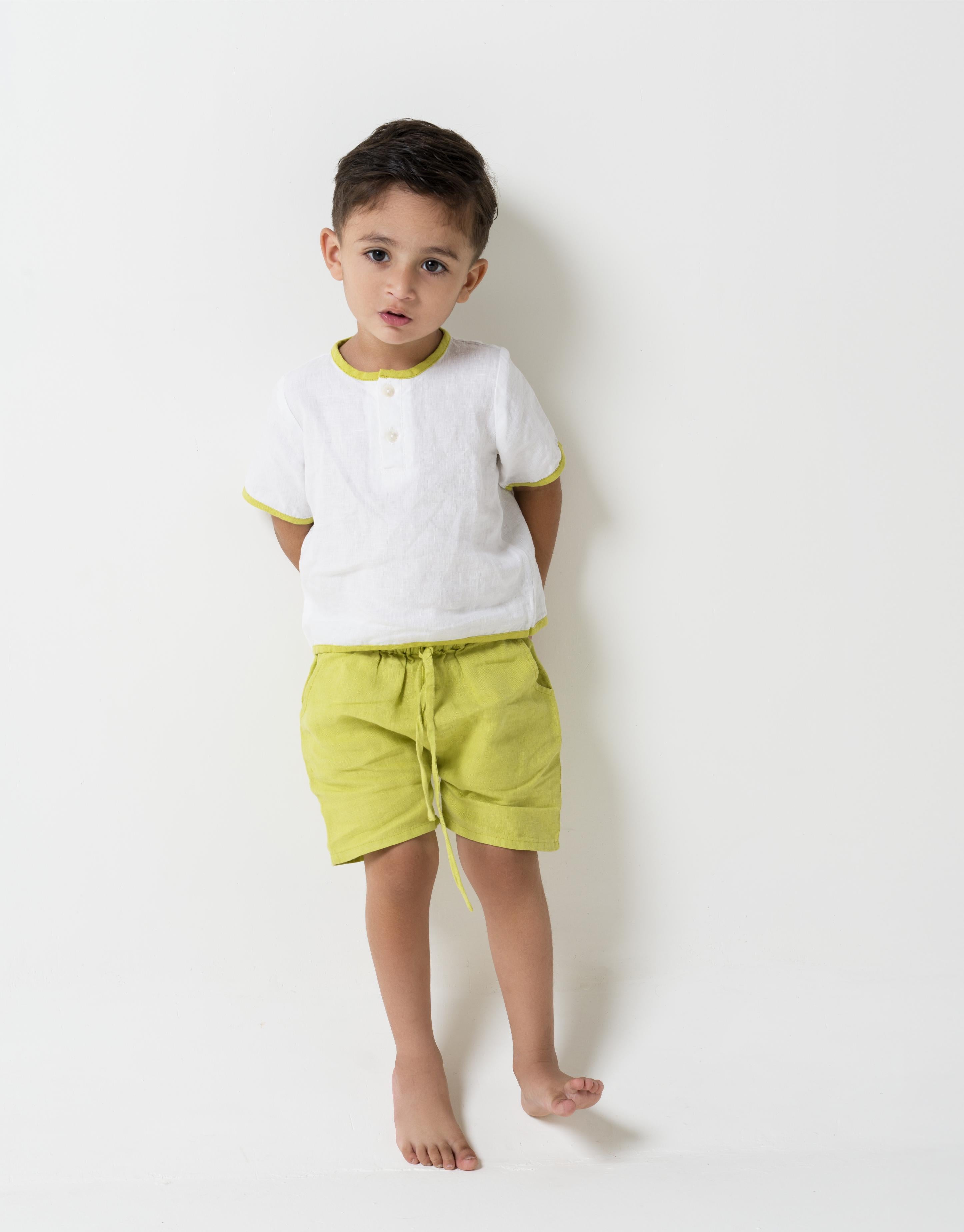 Drawstring Shorts & Shirt Set Shirt - White - Shorts- Lime