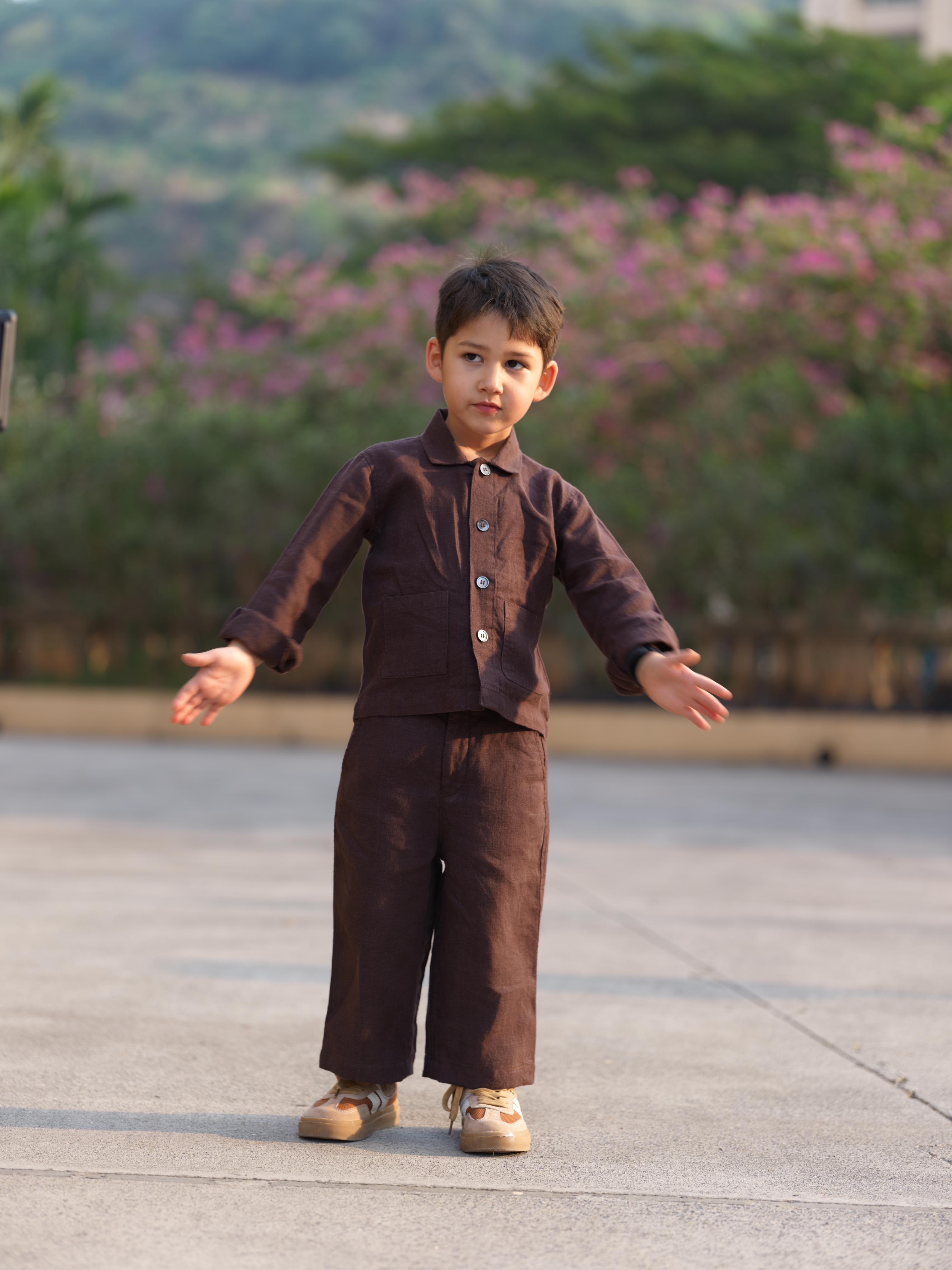 Boys Shacket Co-Ord Set Dark Brown