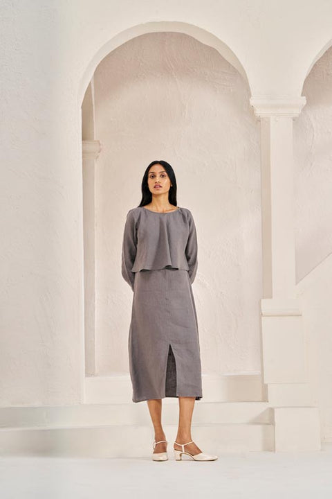 2 Layer Front Slit Dress Stone Grey - Chi Linen