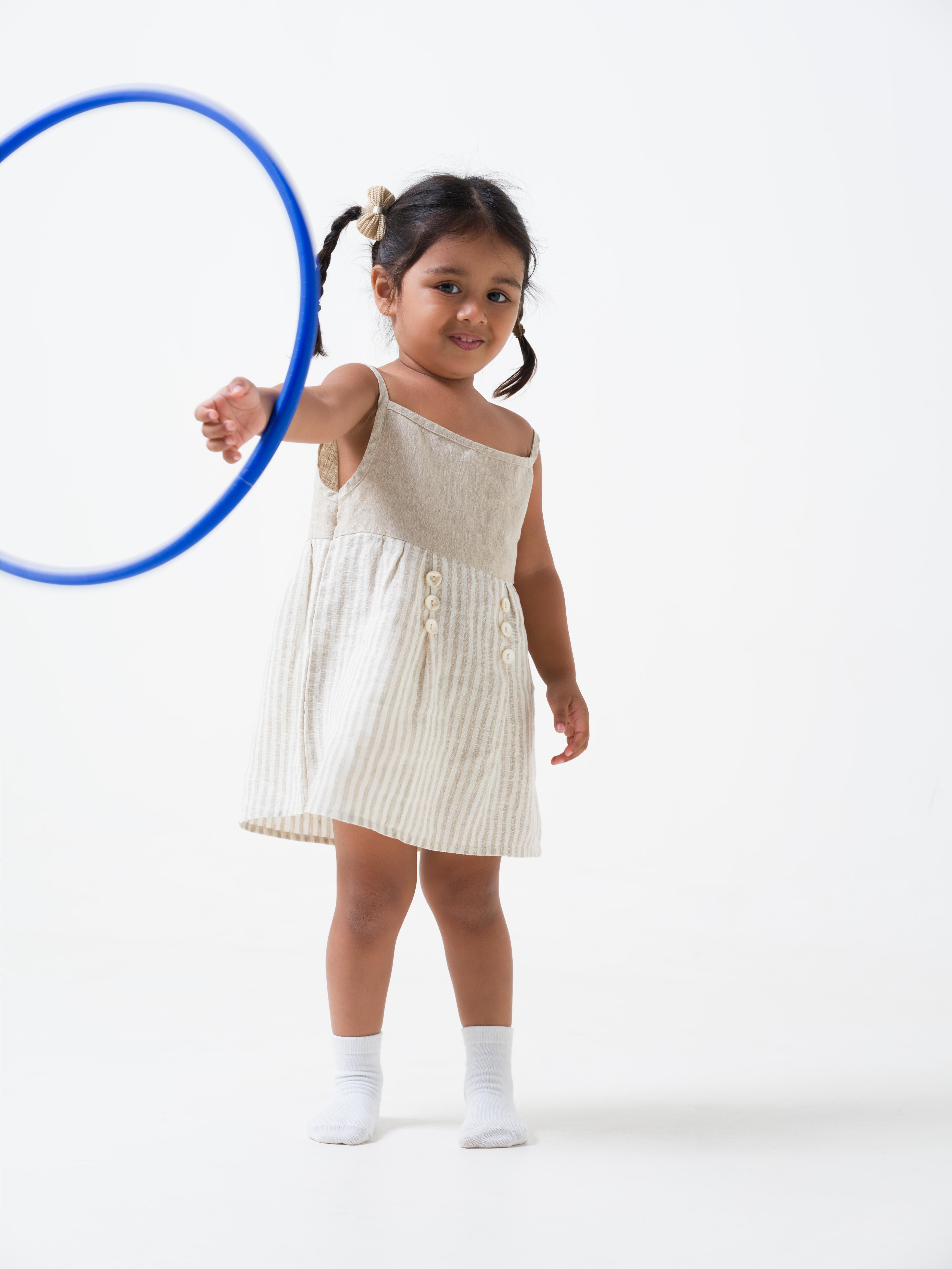 Buttons Detailed Frock Yoke - Cookie & Cream - Dress - Fade Fine Stripe