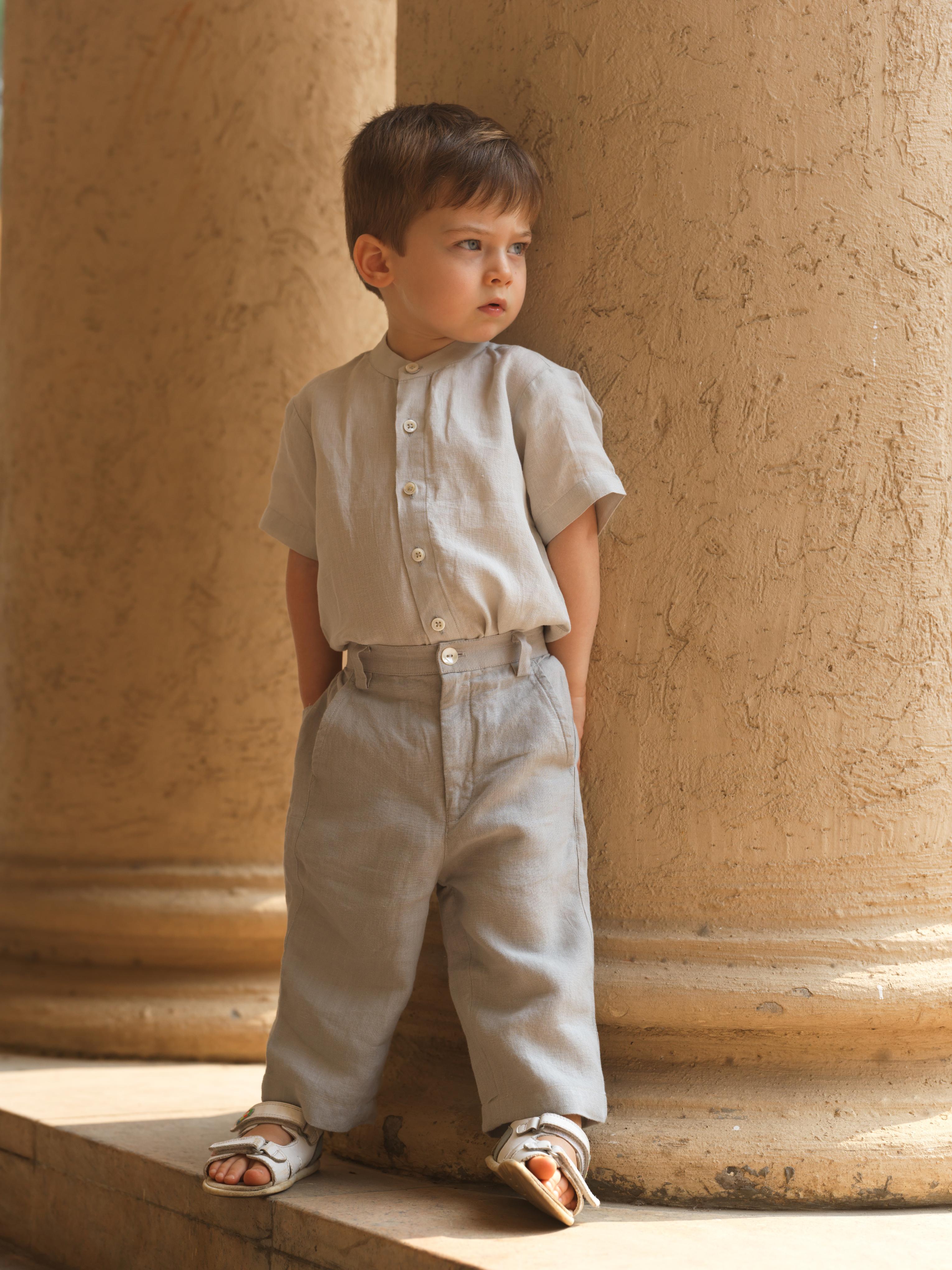 Boys Mandarin Collar Shirt & Shorts Co-Ord Light Grey