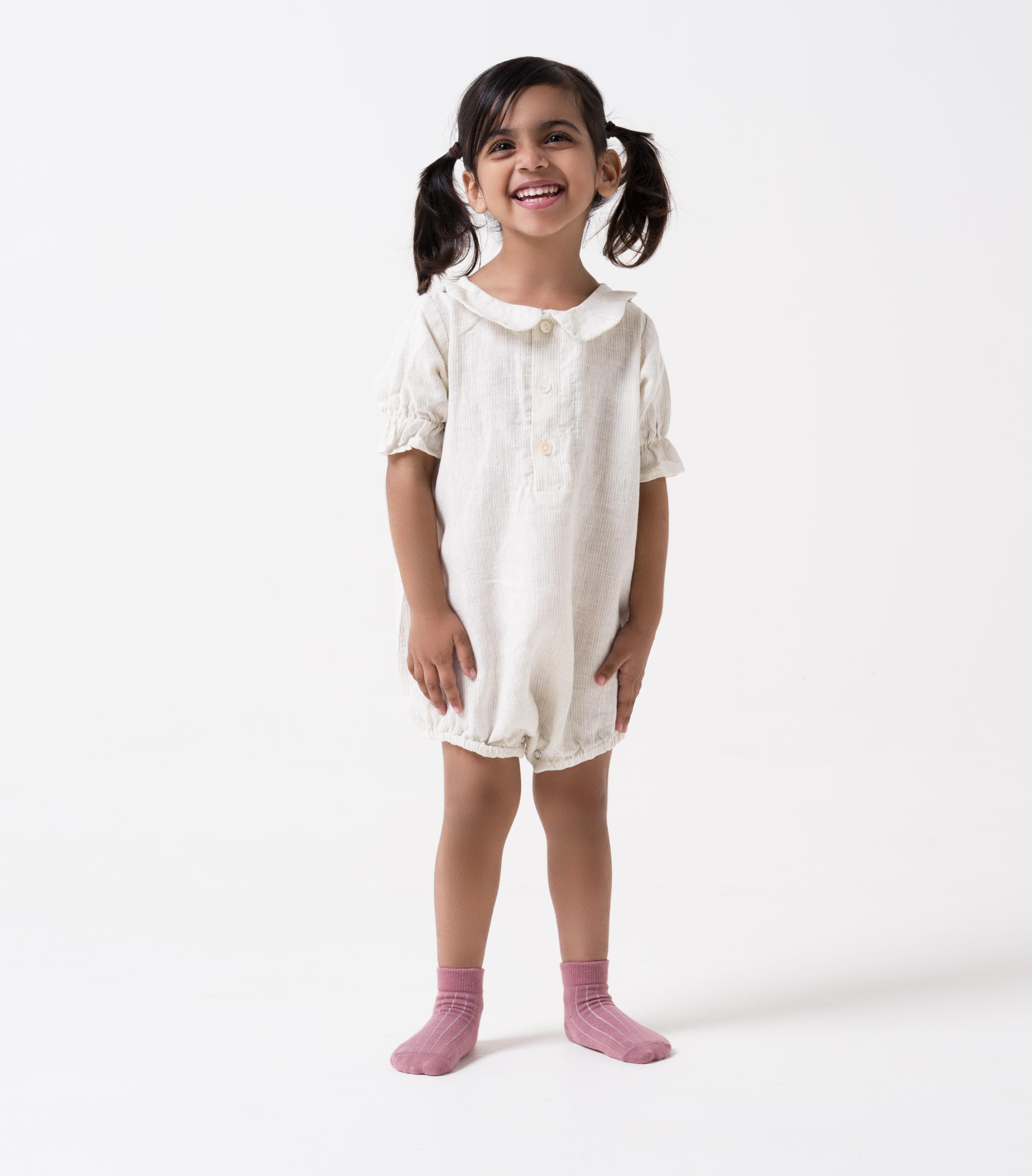 Puff Sleeve Romper - Beige Hairline Stripe