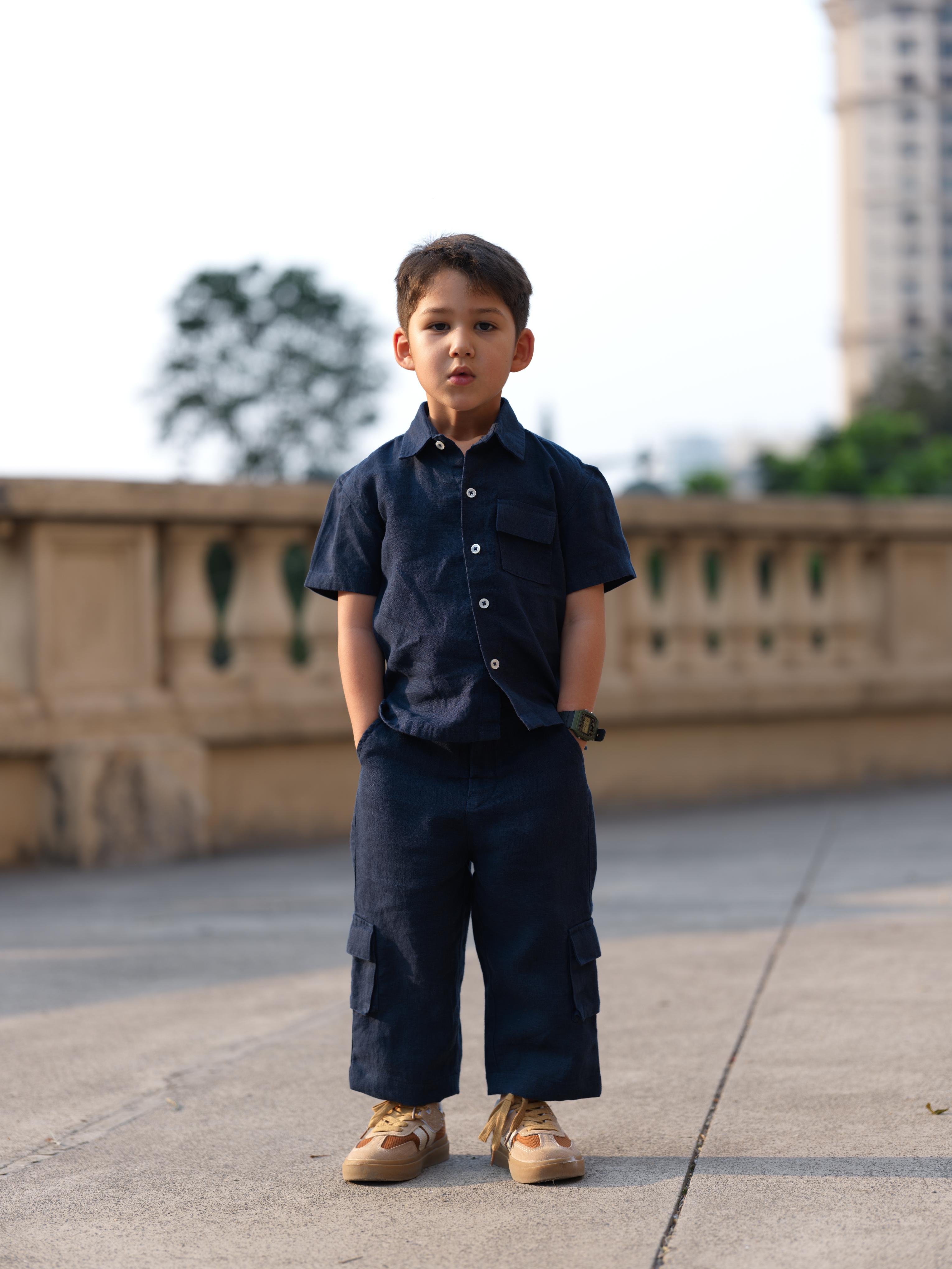 Boys Half-Sleeve Shirt & Cargo Trousers Co-Ord Navy Blue