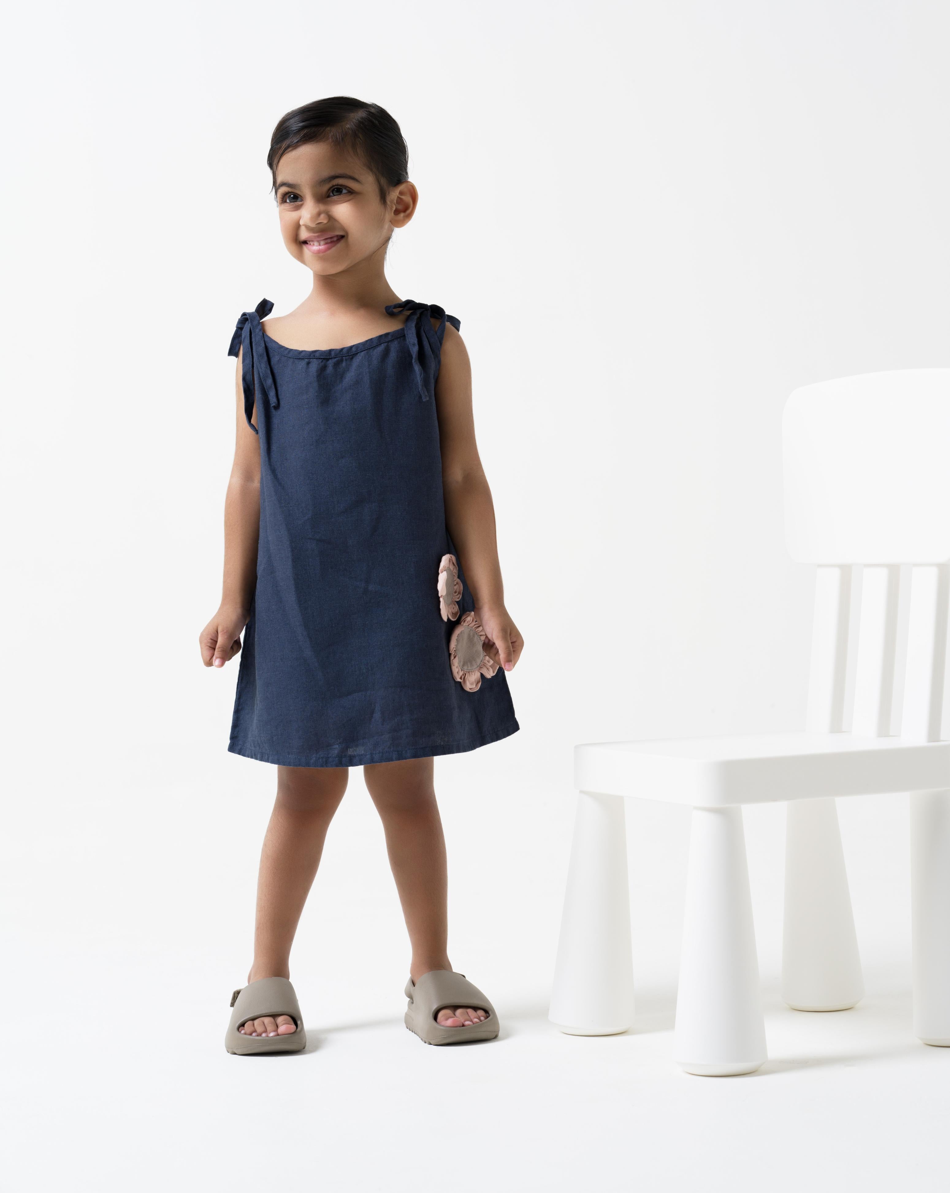 Navy Blue Tie-Up Shoulder Flower Frock