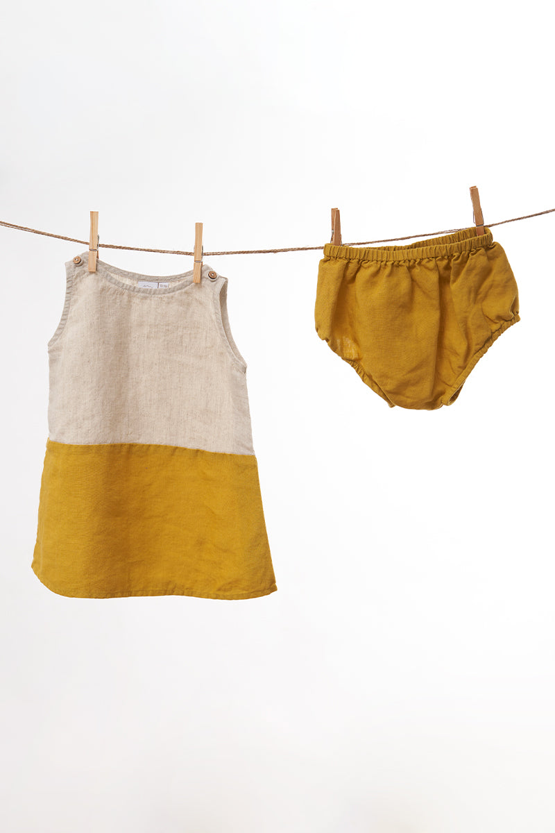 2 Colours Shoulder Button Frock - Chi Linen