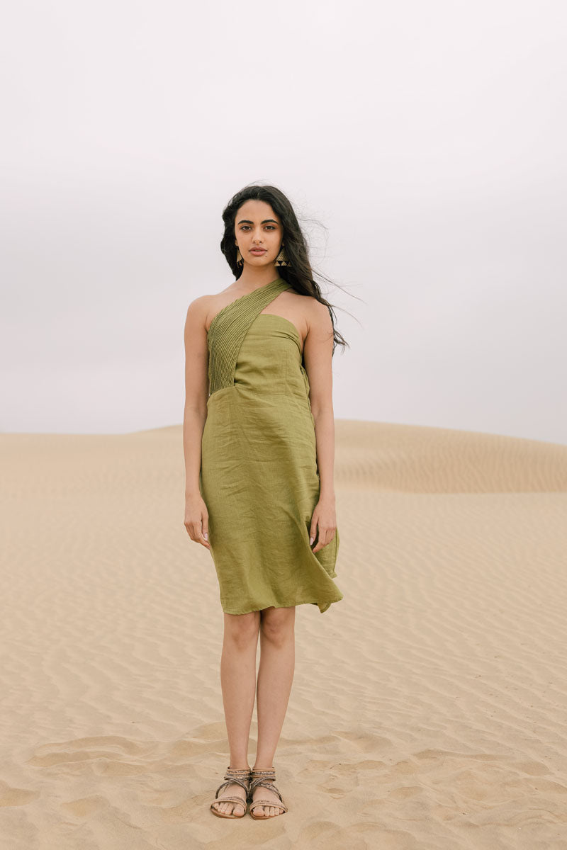 Pleated One Shoulder Dress - Chi Linen