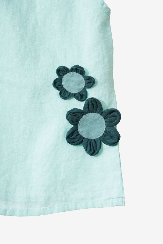Celestial Green Tie-Up Shoulder Flower Frock - Chi Linen
