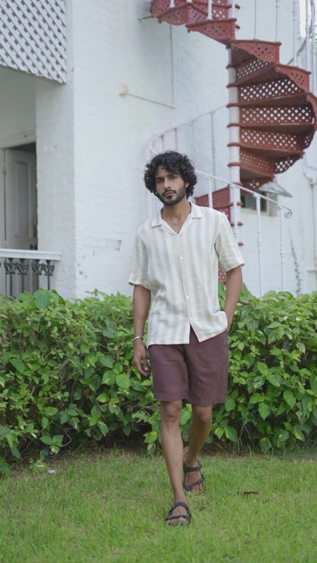 Cuban Collar Shirt Beige Cabana Stripe