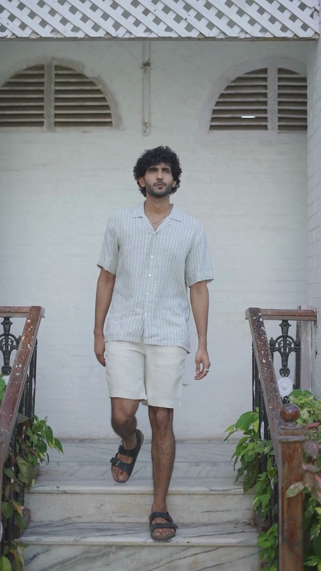 Cuban Collar Shirt Sage Pencil Stripe