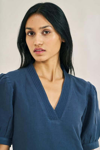 V-Neck Side Slit Dress Navy Blue - Chi Linen