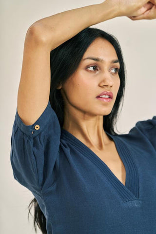 V-Neck Side Slit Dress Navy Blue - Chi Linen