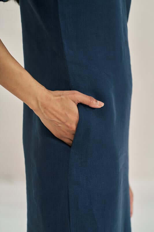 V-Neck Side Slit Dress Navy Blue - Chi Linen