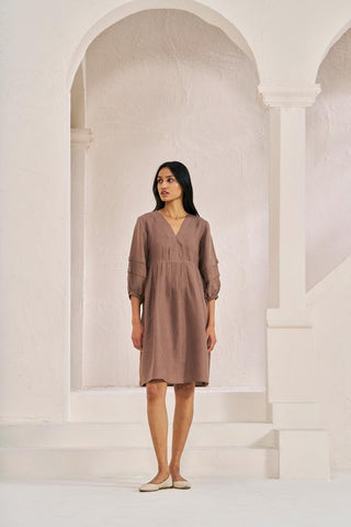 Pleated Sleeves V-neck Dress Brown Metal - Chi Linen