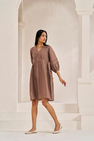Pleated Sleeves V-neck Dress Brown Metal - Chi Linen
