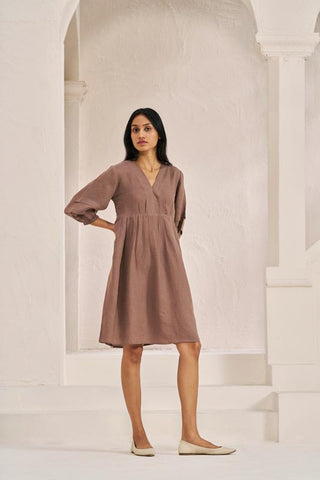 Pleated Sleeves V-neck Dress Brown Metal - Chi Linen
