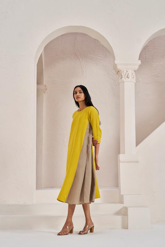 One Side Pleated Dress Mustard Yellow - Chi Linen