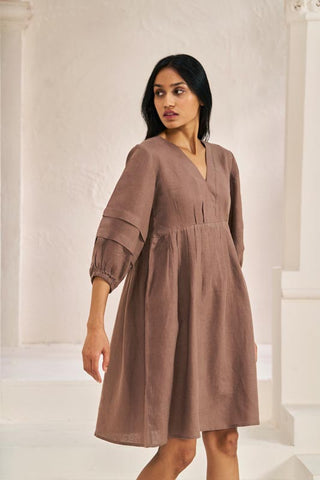 Pleated Sleeves V-neck Dress Brown Metal - Chi Linen