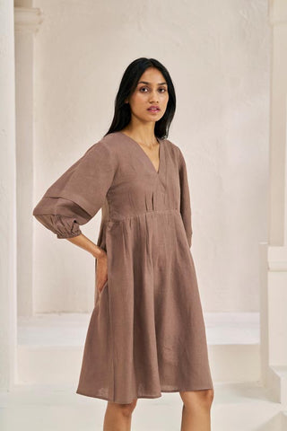 Pleated Sleeves V-neck Dress Brown Metal - Chi Linen