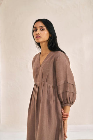 Pleated Sleeves V-neck Dress Brown Metal - Chi Linen
