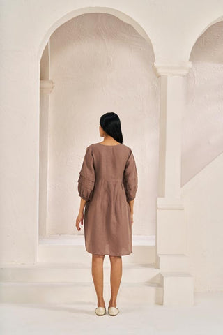 Pleated Sleeves V-neck Dress Brown Metal - Chi Linen