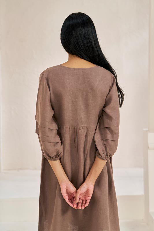 Pleated Sleeves V-neck Dress Brown Metal - Chi Linen