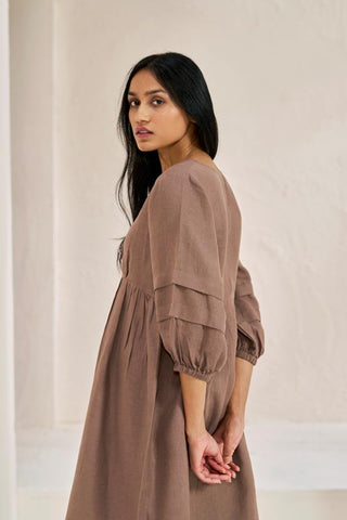 Pleated Sleeves V-neck Dress Brown Metal - Chi Linen