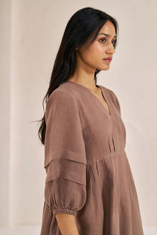 Pleated Sleeves V-neck Dress Brown Metal - Chi Linen