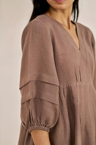 Pleated Sleeves V-neck Dress Brown Metal - Chi Linen